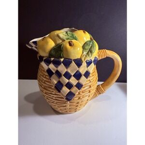 Enesco Market Days Lemon Pitcher Basket Weave Ceramic 1994